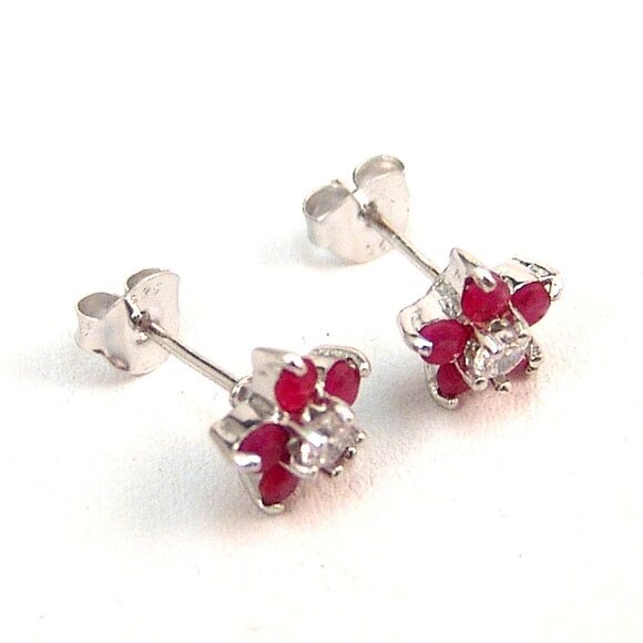 Genuine Ruby Sterling Silver Stud Earrings Anti-tarnish Flower Design - Picture 2 of 4